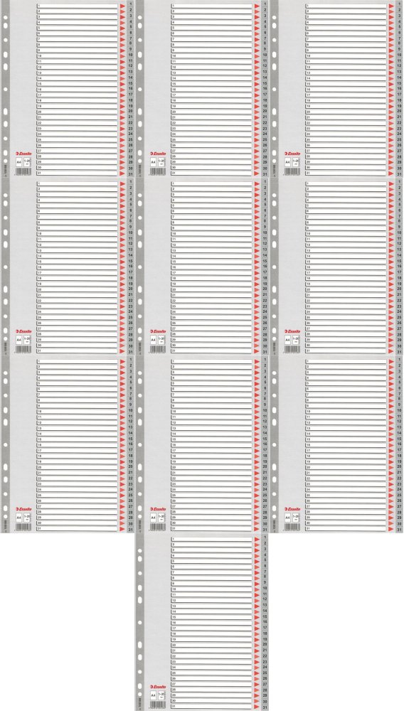 10x Przekładki do segregatora Esselte, plastikowe, numeryczne, A4, 31 kart, szary