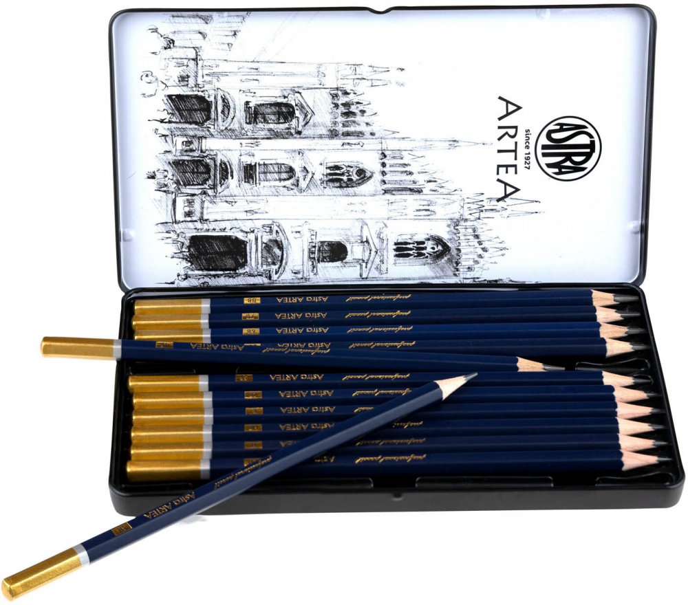 Ołówki do szkicowania Astra Artea, w metalowym pudełku, mix 12 sztuk