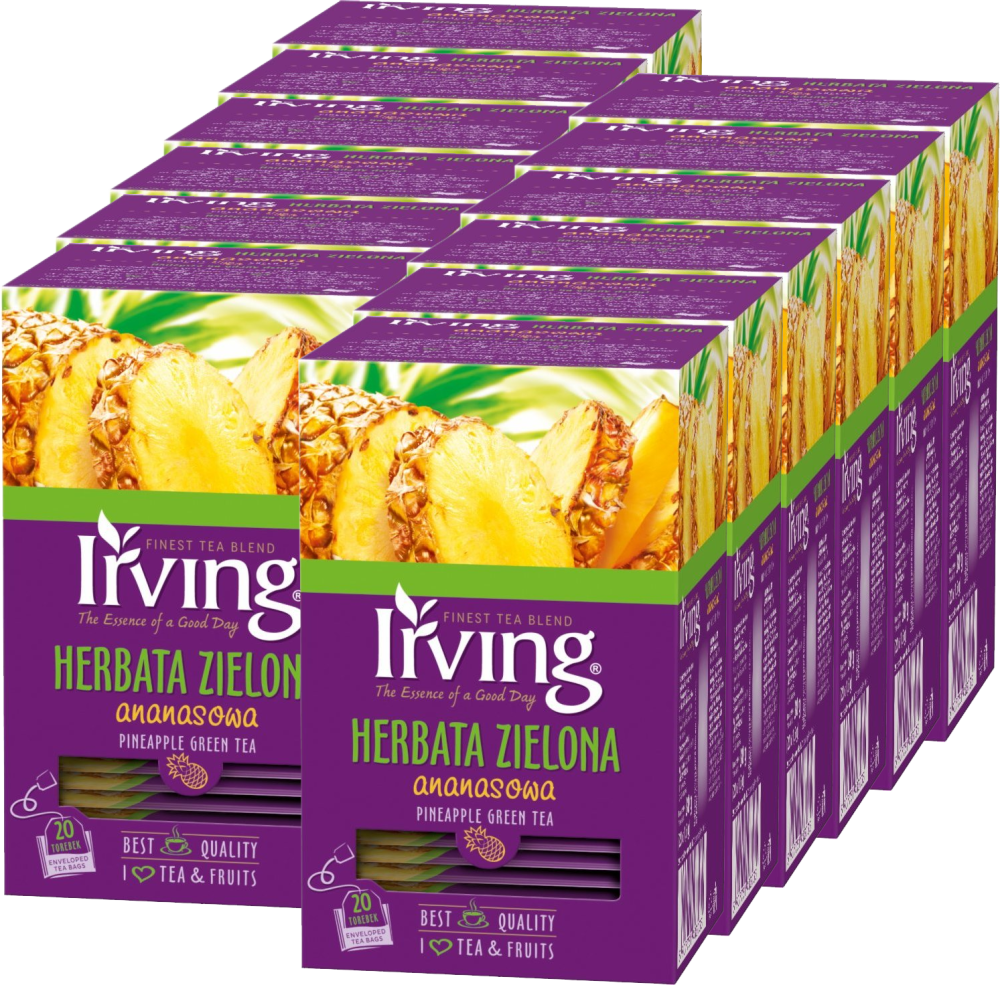 12x Herbata zielona smakowa w kopertach Irving, ananasowa, 20 sztuk x 1.5g