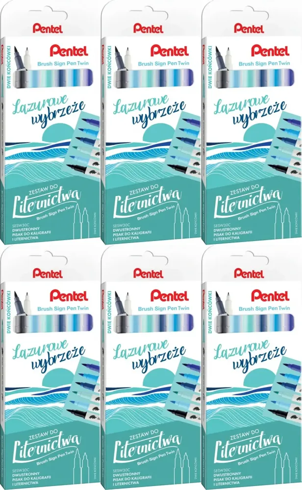 6x Pisaki do kaligrafii i liternictwa Pentel Brush Sign Pen Twin SESW30C Lazurowe Wybrzeże, dwustronne, 6 sztuk, mix kolorów