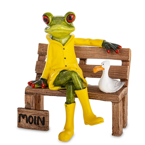 Figurka Żaba na ławce w żółtym płaszczu i kaloszach z kaczką 13cm