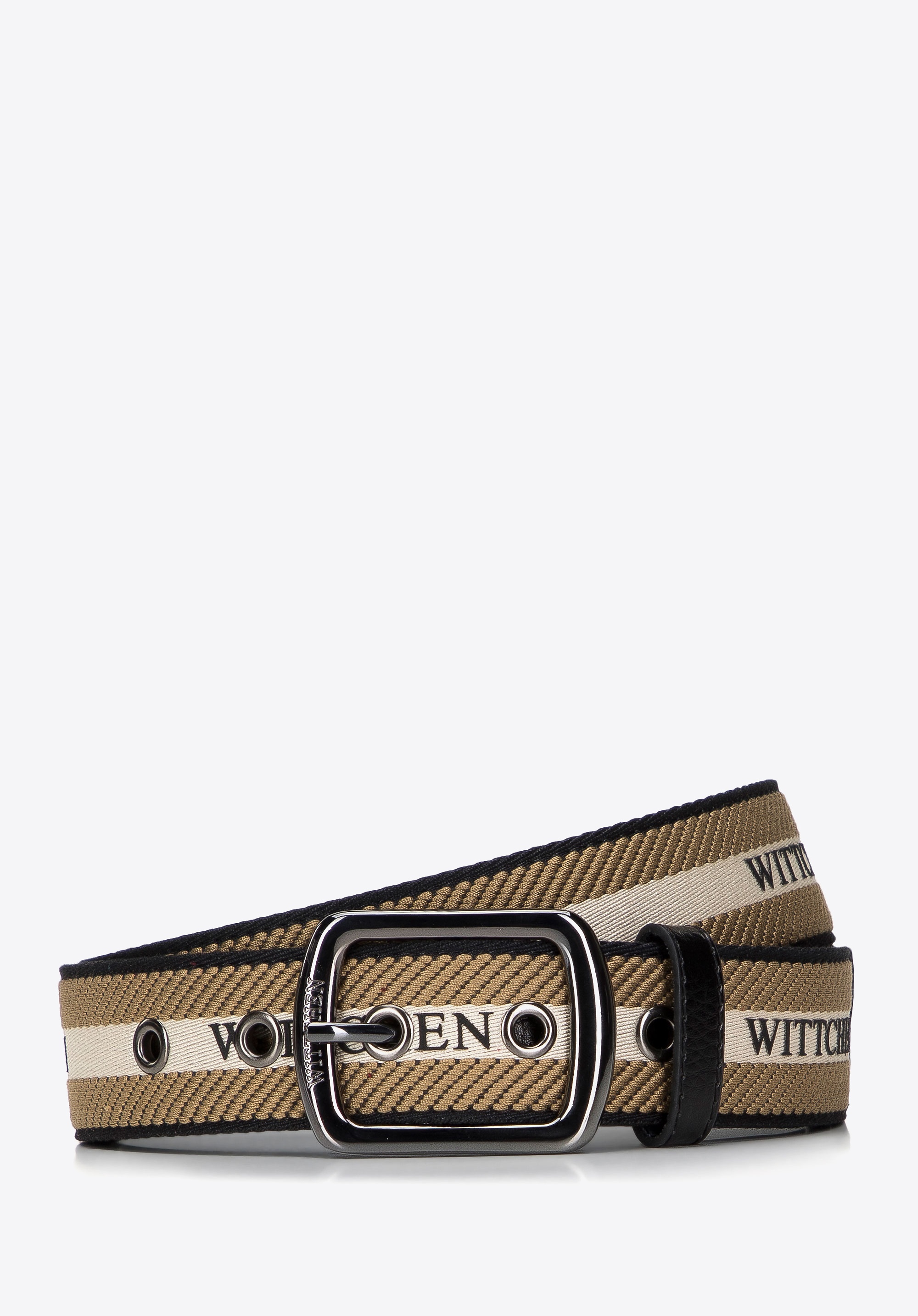 Męski pasek skórzany z brandingiem czarno - beżowy