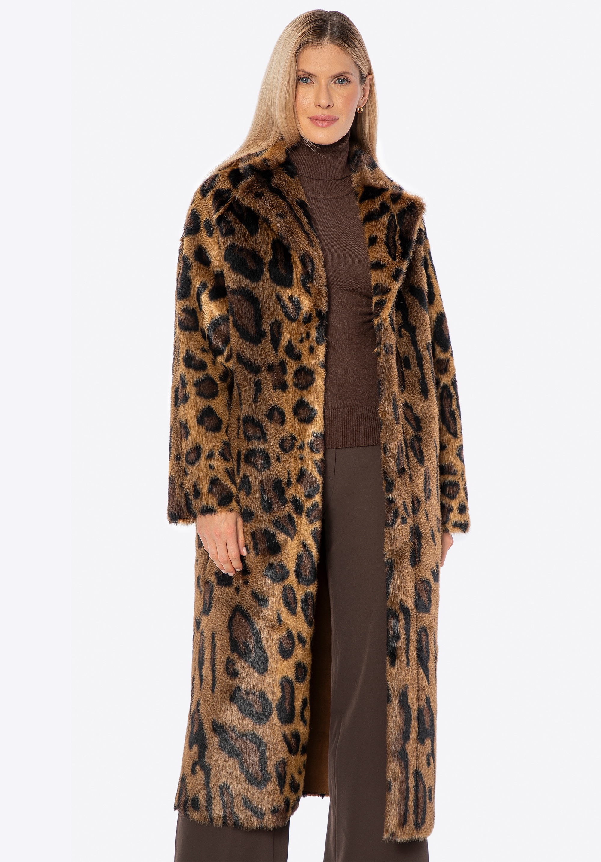 Długi płaszcz ze sztucznego futra w panterkę brązowy