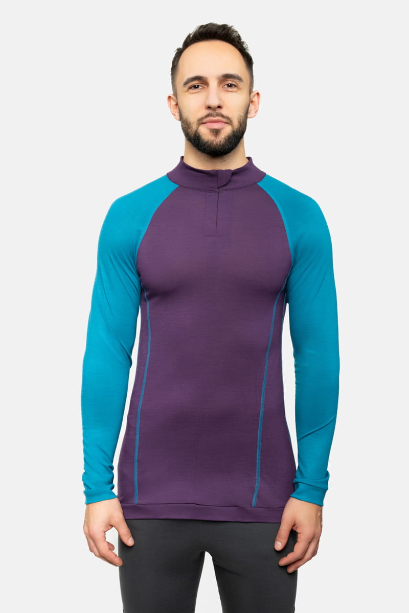 Longsleeve sportowy z wełny merino, fioletowo-turkusowy, 195