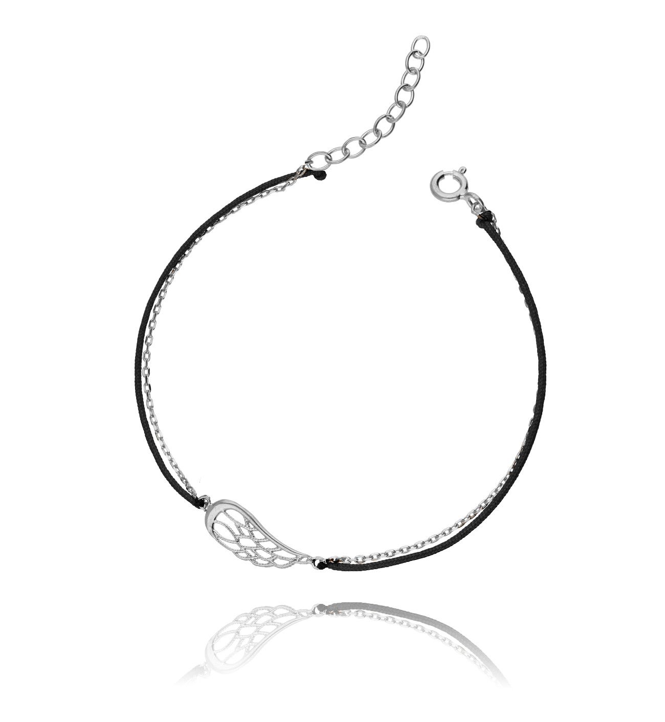 Bransoletka srebrna na czarnym sznurku - skrzydło - By Dziubeka