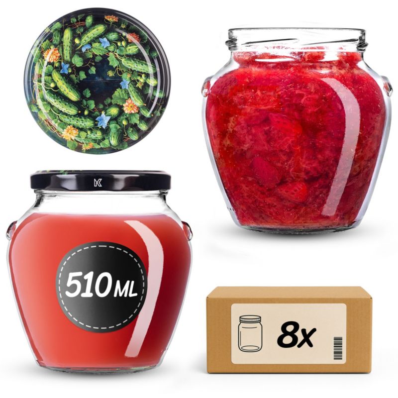 Słoiki na przetwory 510ml + wieczka "Ogórki w okręgu" 82mm 8szt.