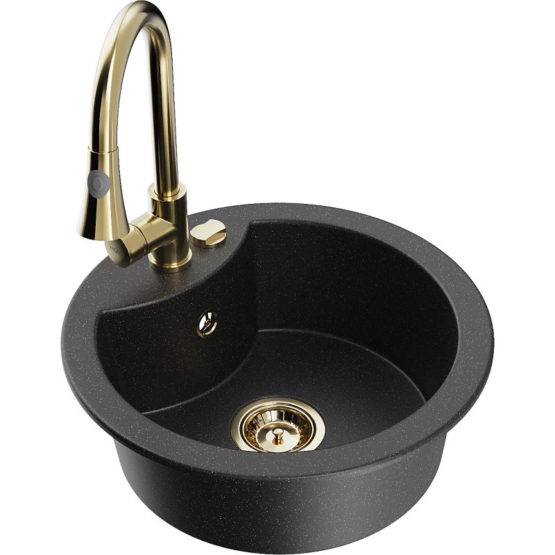 Zlewozmywak granitowy 1-komorowy Mexen Diego z baterią kuchenną Elia czarny/srebrny metalik 6512-73-670101-50