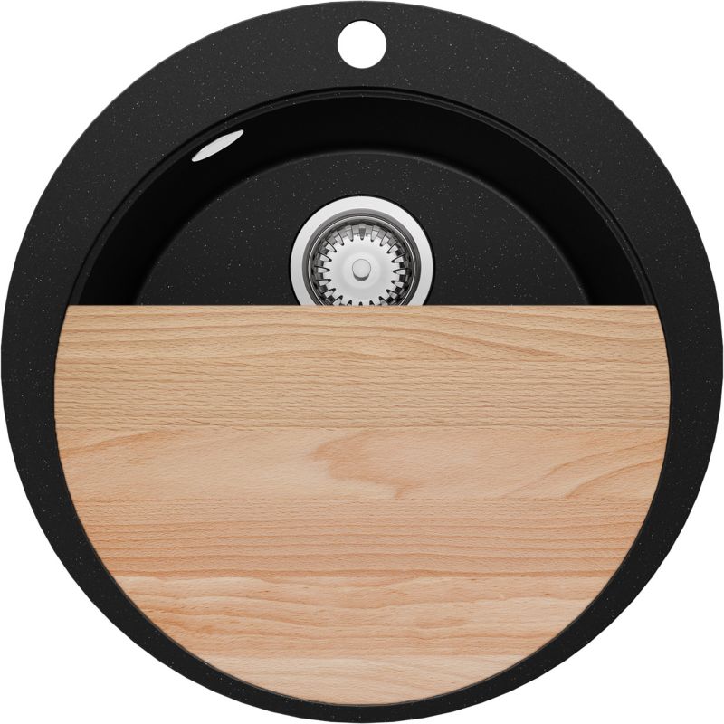 Zlewozmywak Okrągły Piza Max PRIMAGRAN Nablatowy 53x53cm do szafki od 50cm, Czarny Metalik + Syfon + Deska, S038, 1 szt.