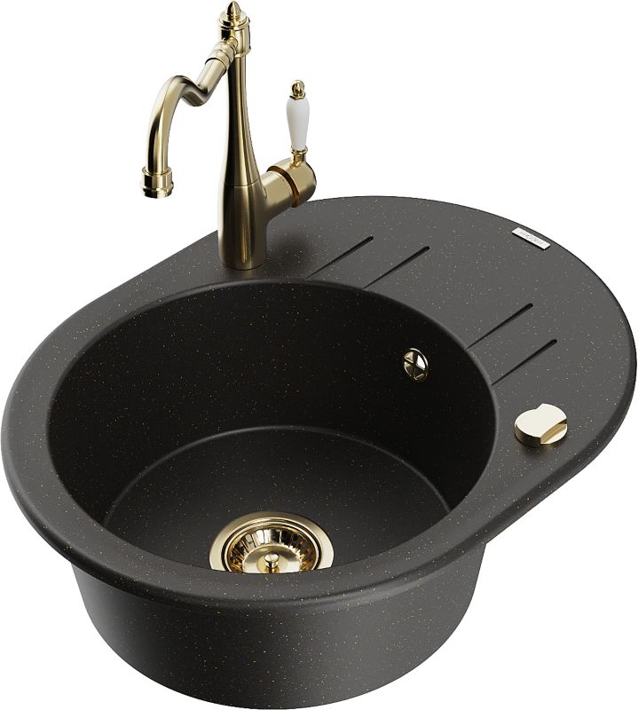 Zlewozmywak granitowy Mexen Kevin 1-komorowy z ociekaczem i baterią kuchenną Carla czarny/złoty 6517-75-670700-50