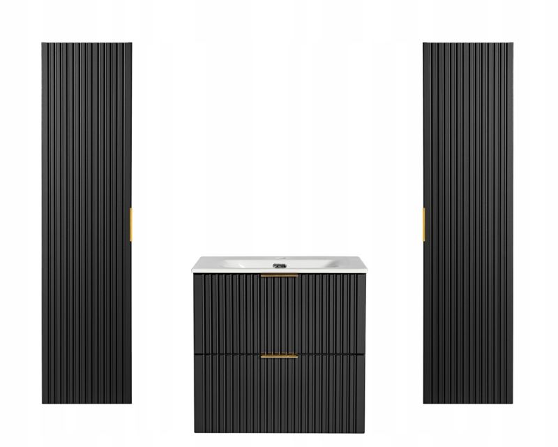 Szafka pod umywalkę i słupki Furnidea 60 cm + 140 cm czarny ryflowany Adel z umywalką zestaw