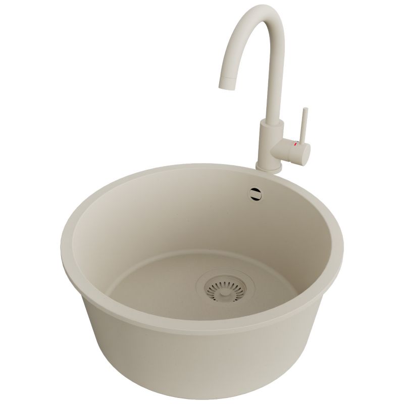 Zlewozmywak Granitowy Okrągły Valetta Slim PRIMAGRAN Nablatowy 46x46cm do szafki od 50cm, Beżowy + Bateria + Syfon, S018, 1 szt.