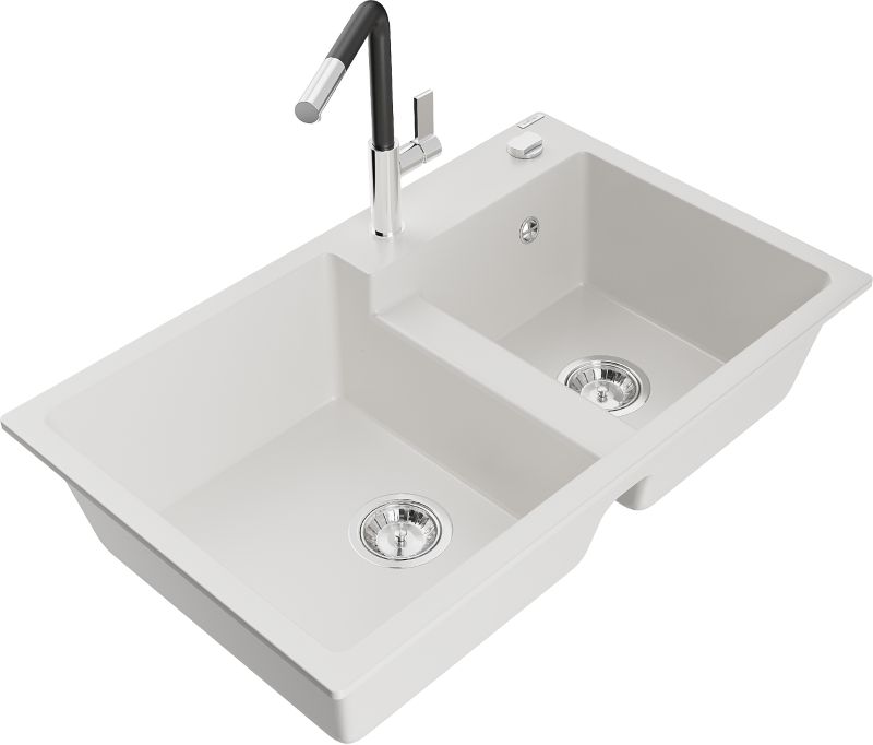 Zlewozmywak granitowy Mexen Tomas 2-komorowy z baterią kuchenną Flora biały - 6516-20-670401-70-B 1 szt.