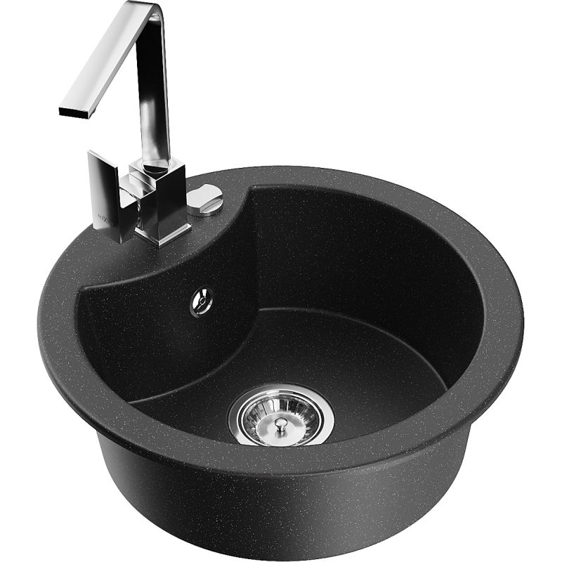 Zlewozmywak granitowy 1-komorowy Mexen Diego z baterią kuchenną Rita czarny/srebrny metalik 6512-73-670300-00