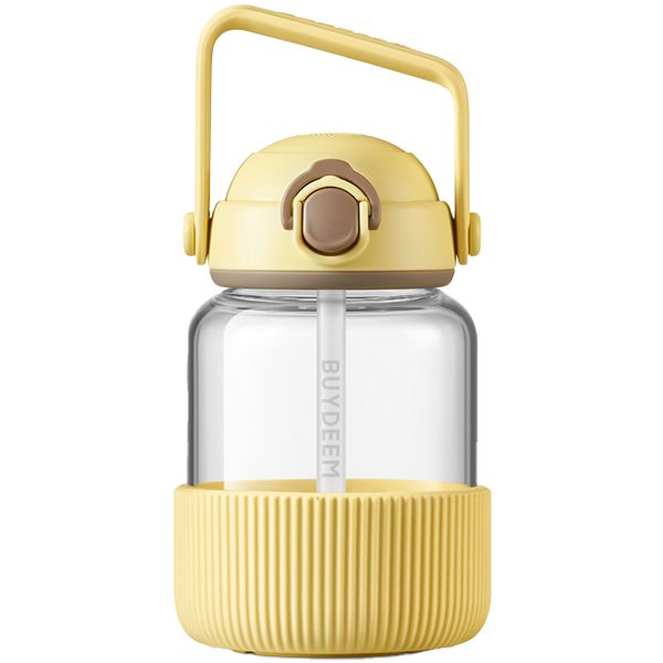 Szklany bidon BUYDEEM DG78 800 ml ze słomką szkło borokrzemowe szczelny antypoślizgowy pastelowy żółty 1 szt.