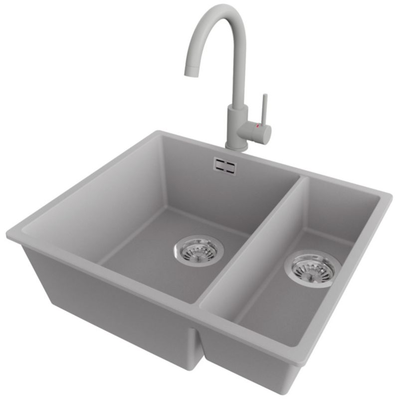 Zlewozmywak podblatowy Londyn Duo PRIMAGRAN 56x47cm do szafki od 60cm, Szary + Bateria 32x20cm + Syfon, S015, 1 szt.