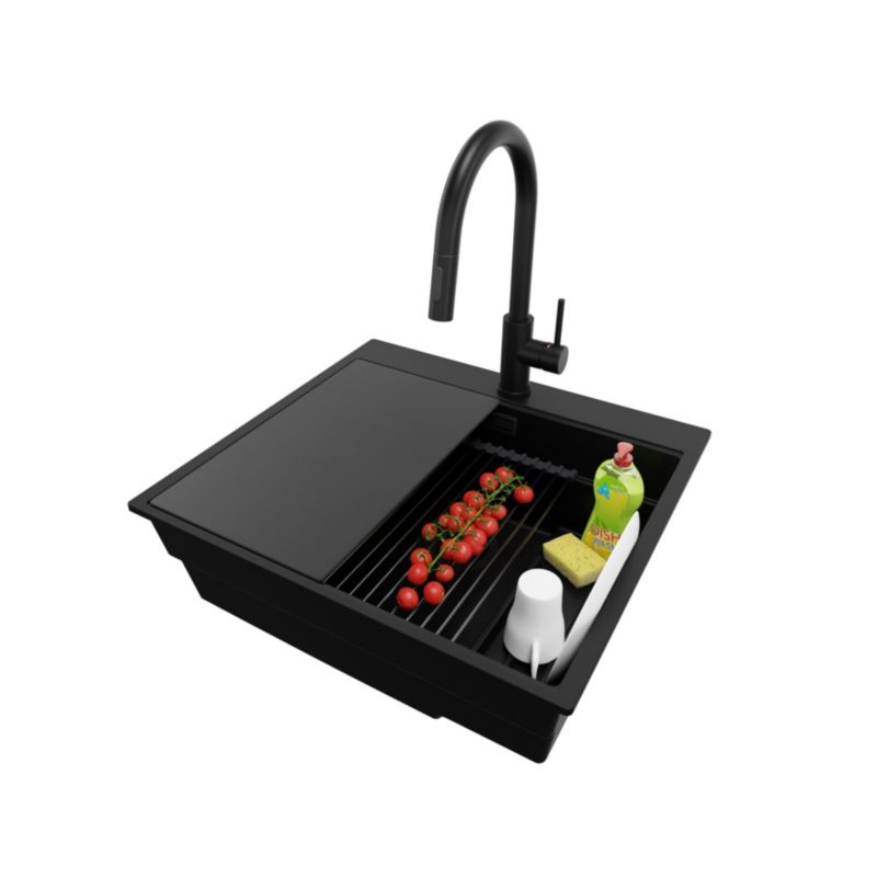 Zlewozmywak Granitowy Oslo Max PRIMAGRAN Nablatowy 58x53cm, Cały Czarny + Bateria + Syfon + Akcesorium, S059, 1 szt.