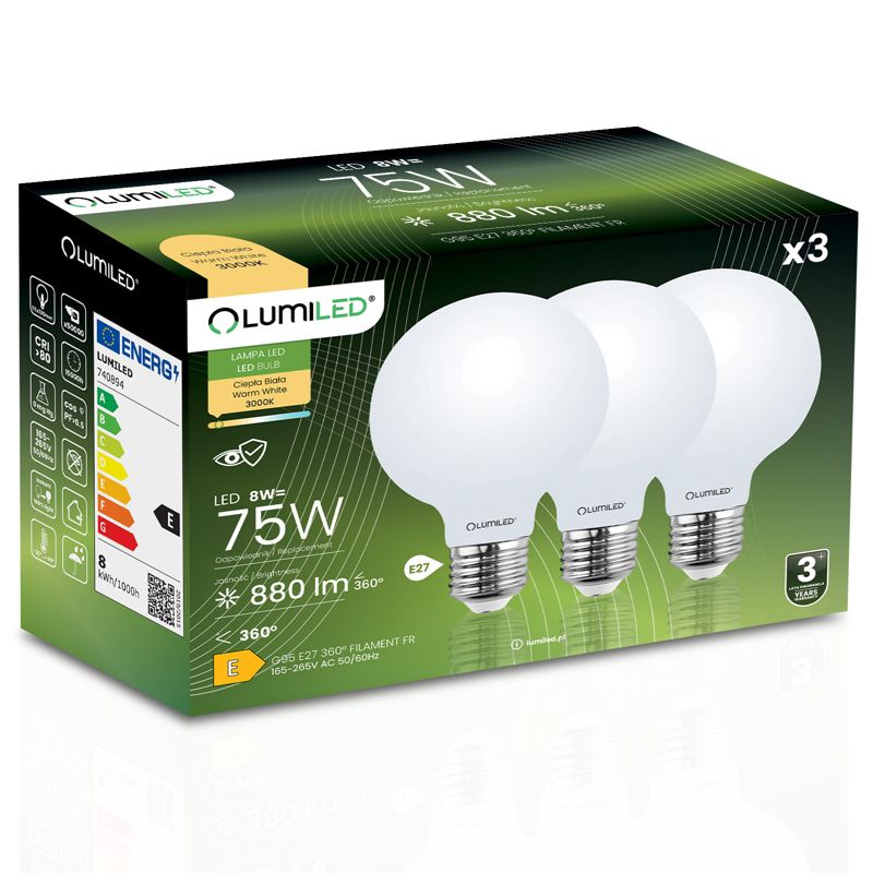 Żarówka LED Lumiled E27 Kula G95 8W 880lm 3000K 360st Filament 3 szt.