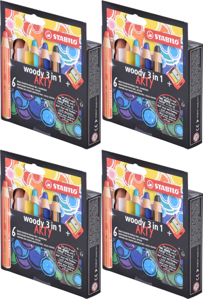 4x Kredka Stabilo Woody 3 w 1 Arty, z temperówką, 6 sztuk, mix kolorów