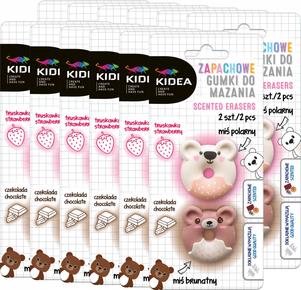 12x Gumka do ścierania Kidea Misie, zapachowa, 2 sztuki, mix kolorów