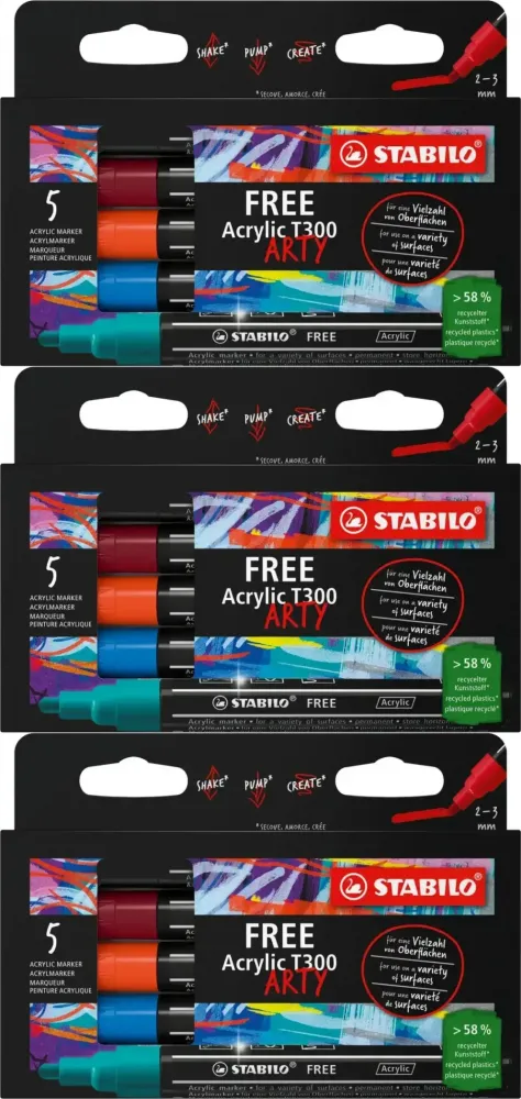 3x Pisak akrylowy Stabilo Free Acrylic T300 692/5-01 Urban Set, okrągła, 2-3mm, 5 sztuk, mix kolorów