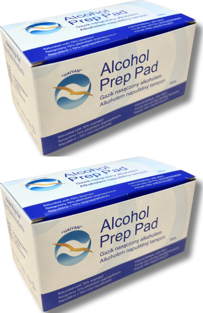 2x Gaziki nasączone alkoholem 70%, do dezynfekcji i oczyszczania skóry, 6.5x3cm, 100 sztuk