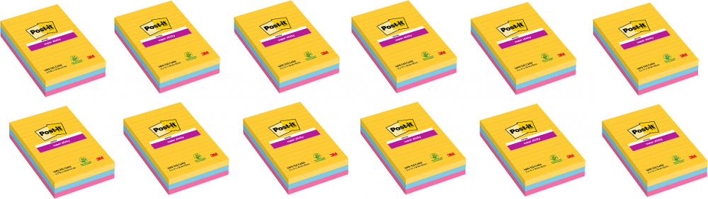 12x Karteczki samoprzylepne w linie Post-it Super Sticky, 102x152mm, 270 karteczek, mix kolorów neonowych
