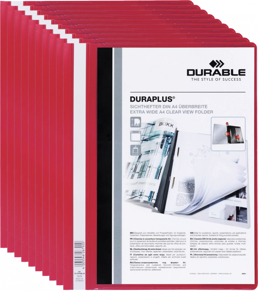 10x Skoroszyt plastikowy Duraplus Durable, A4, prezentacyjny, czerwony