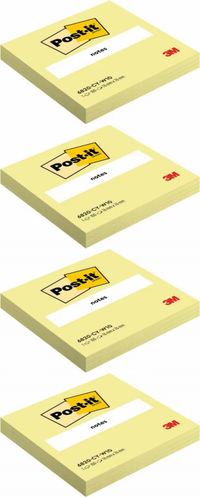 4x Karteczki samoprzylepne Post-it, 76x76mm, 100 karteczek, kanarkowy żółty
