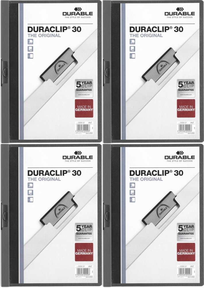 4x Skoroszyt plastikowy z klipsem Durable Duraclip, A4, do 30 kartek, grafitowy
