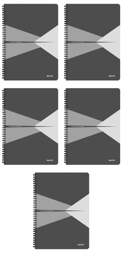5x Kołonotatnik Leitz Office, A4, w kratkę, 90 kartek, okładka kartonowa, szary