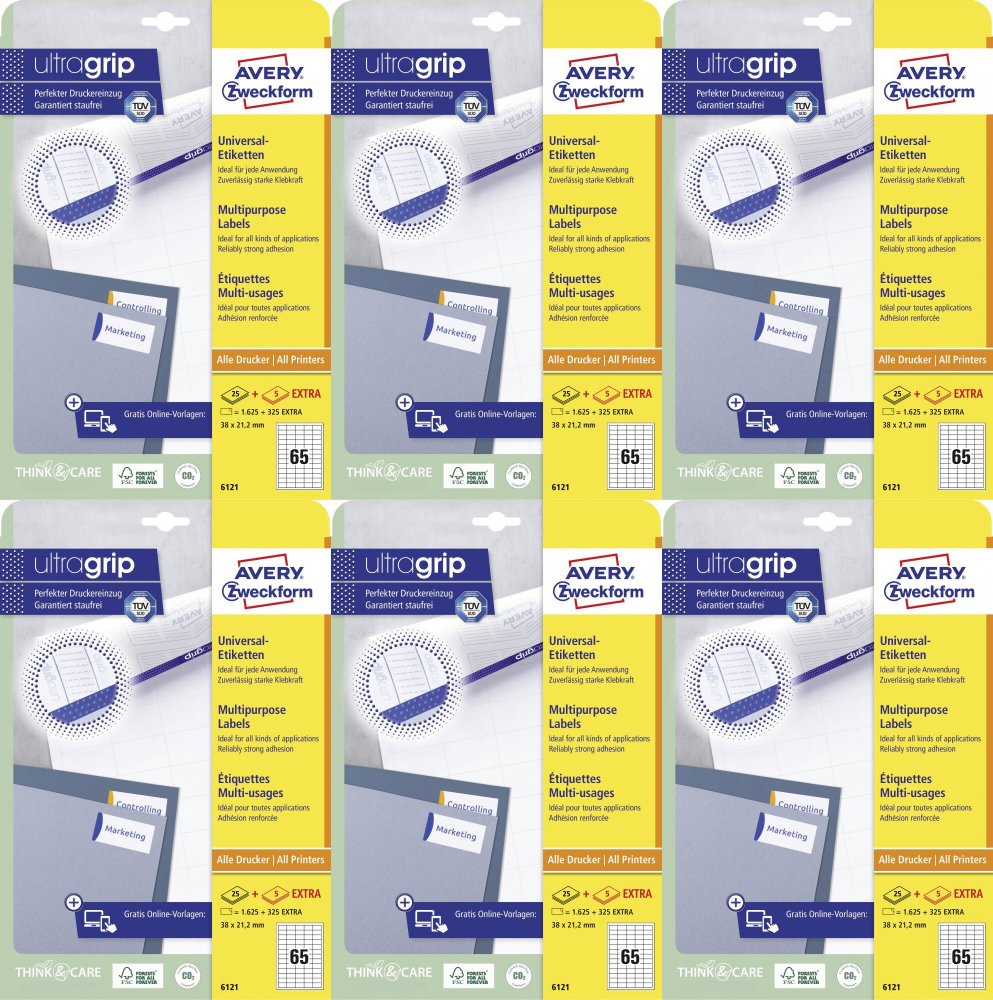 6x Etykiety samoprzylepne Avery Zweckform, 38x21,2mm, 25 arkuszy + 5 gratis, biały