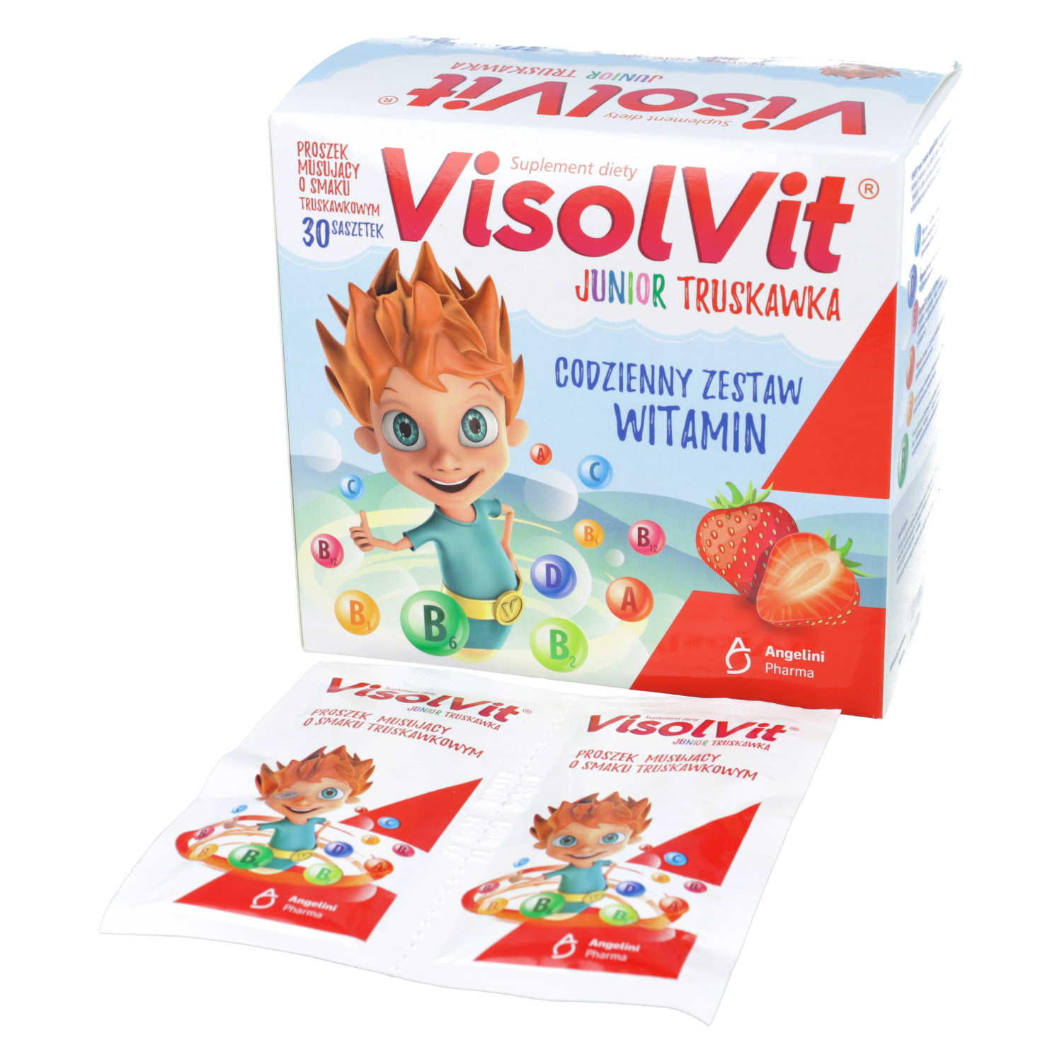 Visolvit junior, proszek musujący, smak truskawkowy, 30 saszetek