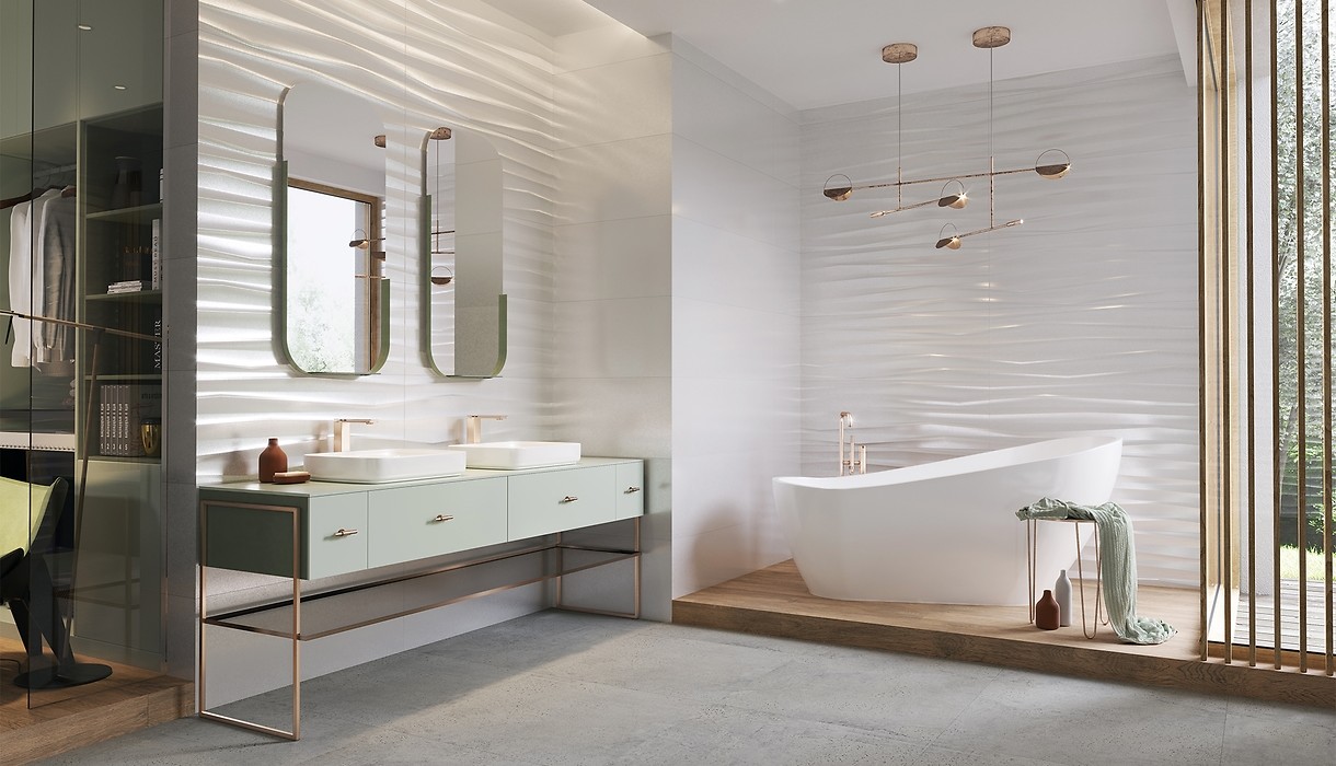 Opoczno Selina White Structure Shiny Micro płytka ścienna 39,8x119,8 cm STR biały mikrogranilia