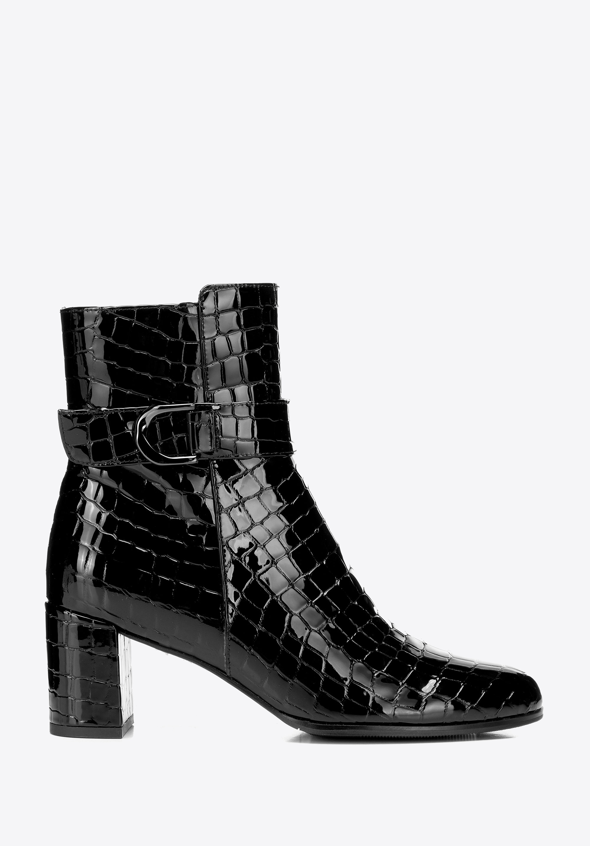 Damskie botki ze skóry lakierowanej o fakturze croco czarne