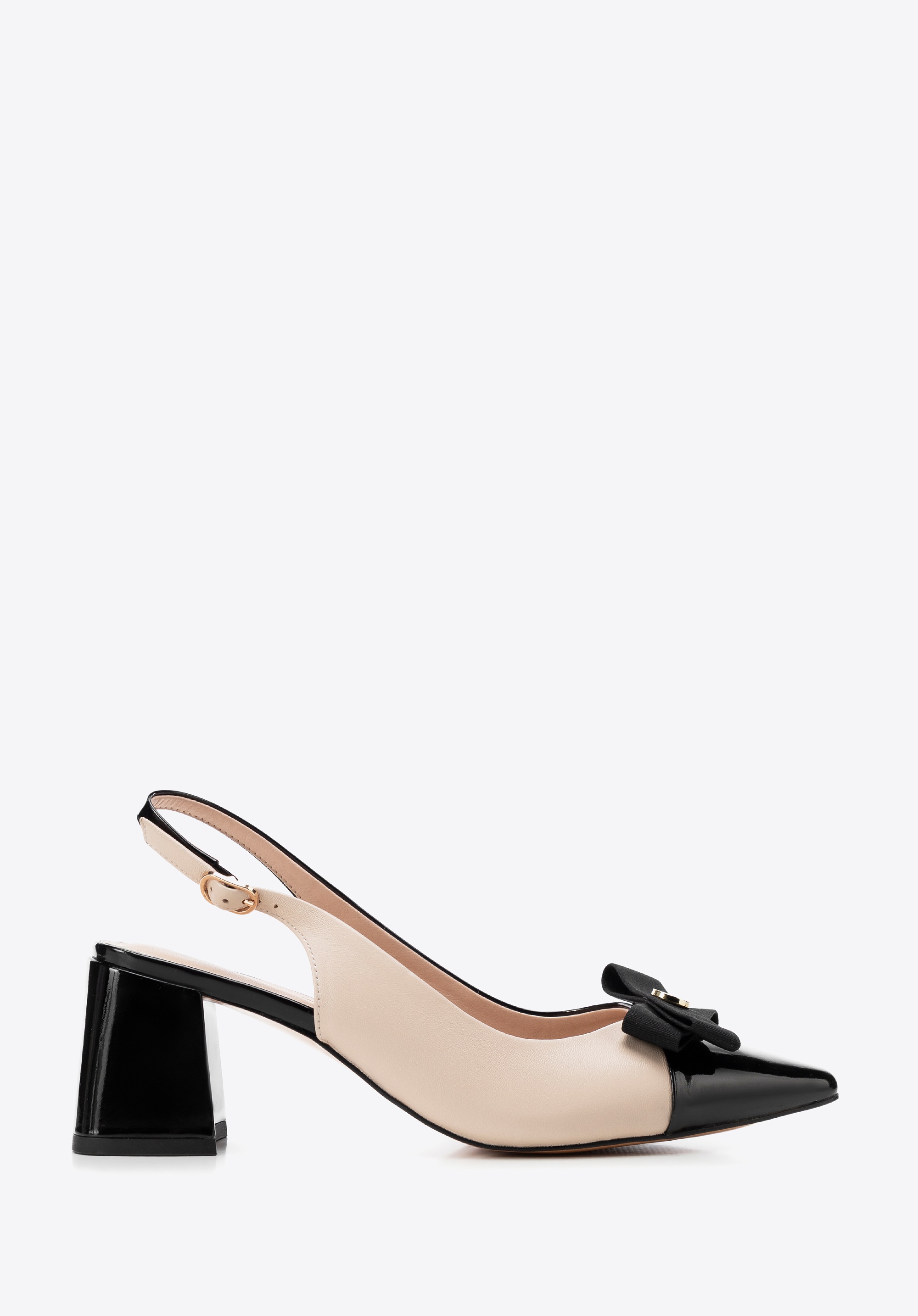 Skórzane czółenka na słupku beżowo - czarne