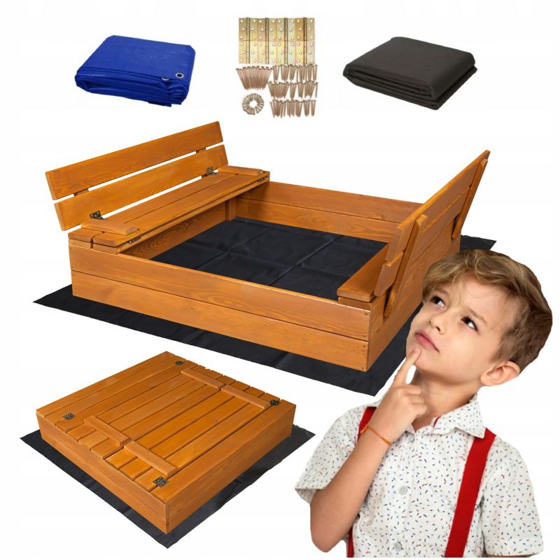 Piaskownica Impregnowana Drewniana SunWood Zamykana z Ławkami 100x100cm 1 szt.