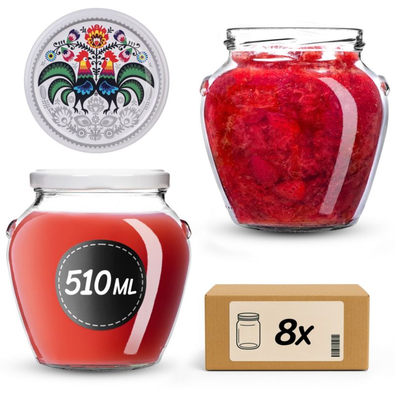 Słoiki na przetwory KADAX 510ml + wieczka "Folklor z kogutem" 82mm 8szt.