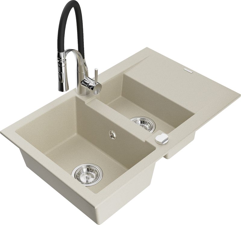 Zlewozmywak granitowy Mexen Gaspar 1,5-komorowy z ociekaczem i baterią kuchenną Aster beżowy 6507-69-73450-07