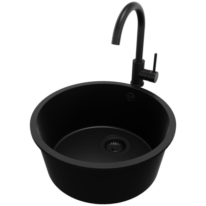 Zlewozmywak Granitowy Okrągły Valetta Slim PRIMAGRAN Nablatowy 46x46cm, Cały Czarny + Bateria + Syfon, S012, 1 szt.