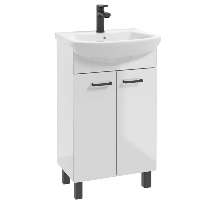 Szafka Łazienkowa Stamar 500 x 290 mm z Umywalką Biała Połysk Stojąca + Bateria Czarna Obrotowa 1 szt