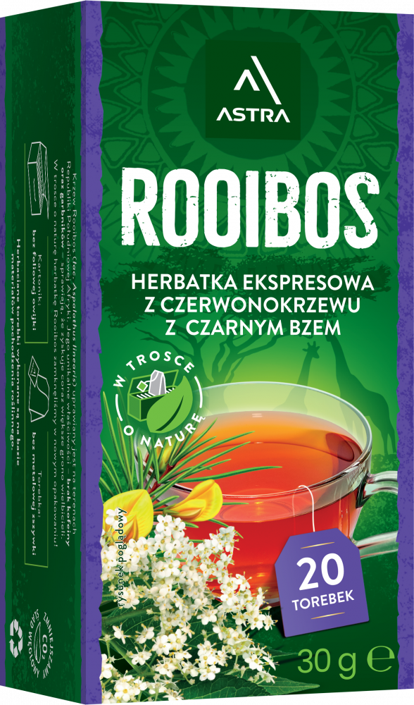 Herbata Rooibos w torebkach Astra, czarny bez, 20 sztuk x 1.5g