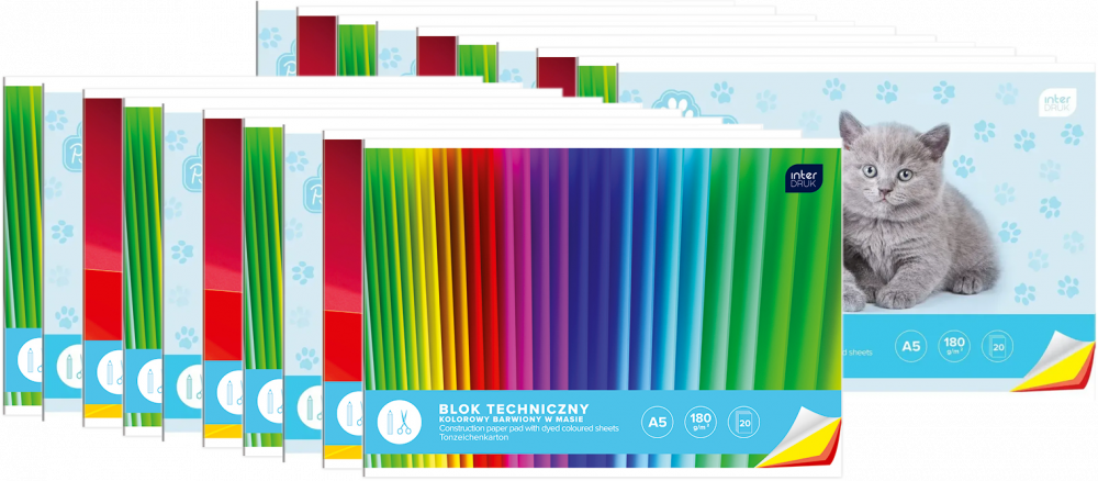 20x Blok techniczny kolorowy Interdruk, A5, 20 kartek, mix kolorów