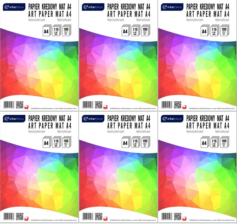 6x Papier kredowy Interdruk, A4, 115g/m2, 100 arkuszy, matowy