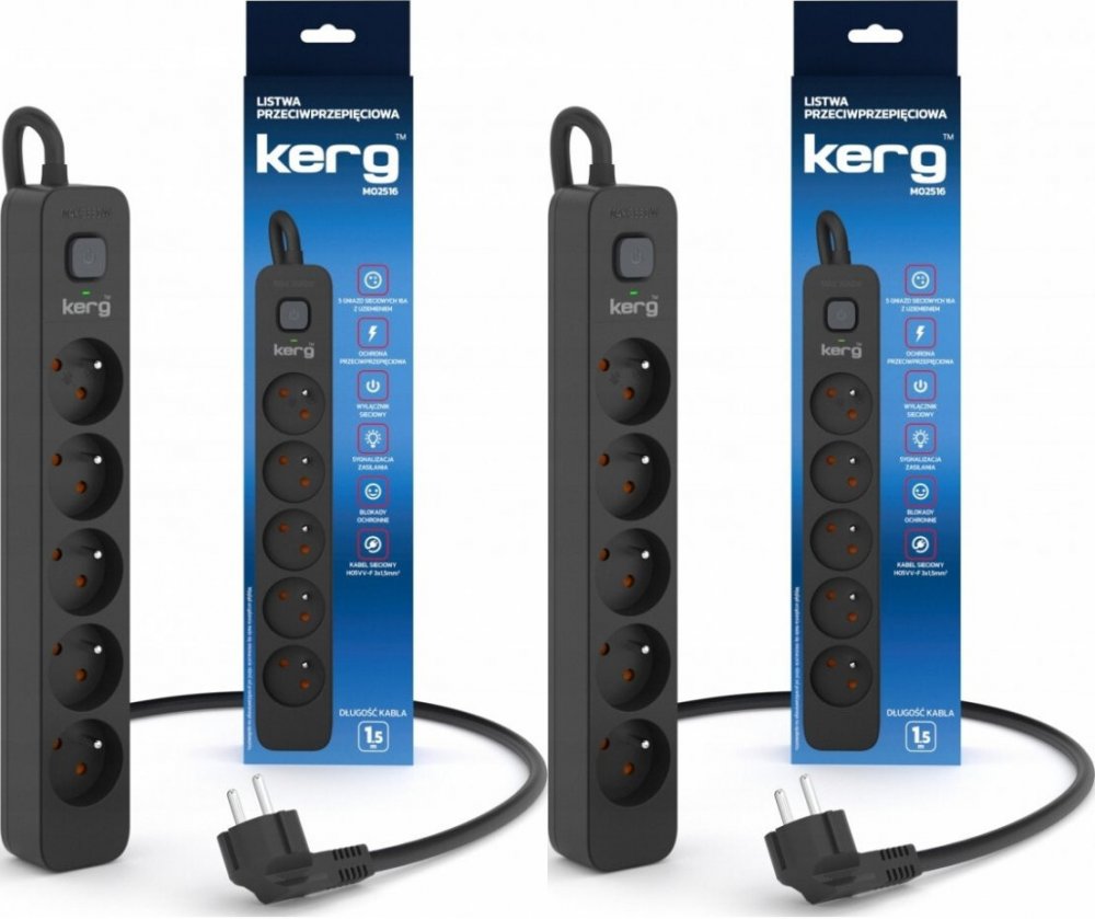 2x Listwa przeciwprzepięciowa Kerg, 1.5m, 5 gniazd, czarny