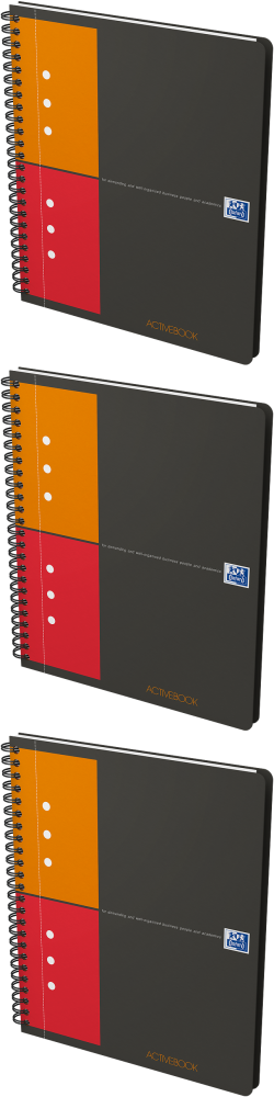 3x Kołonotatnik Oxford International ActiveBook, A5+, w kratkę, 80 kartek, okładka PP, szary