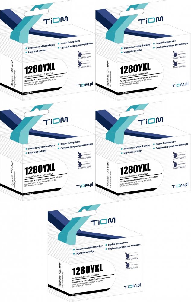 5x Tusz Tiom Ti-B1280YXL (1280YXL, LC1280XLY), 1200 stron, yellow (żółty)