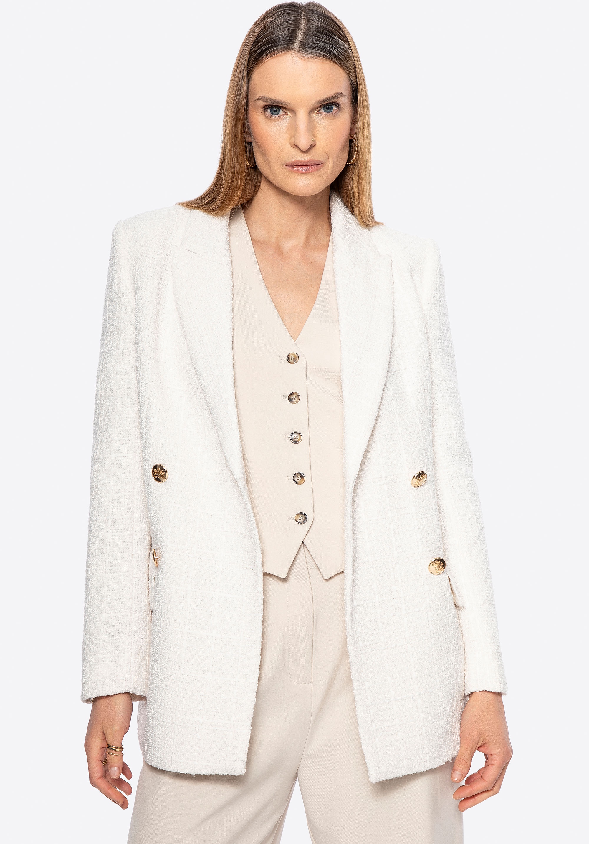 Damska marynarka z tkaniny boucle długa beżowa