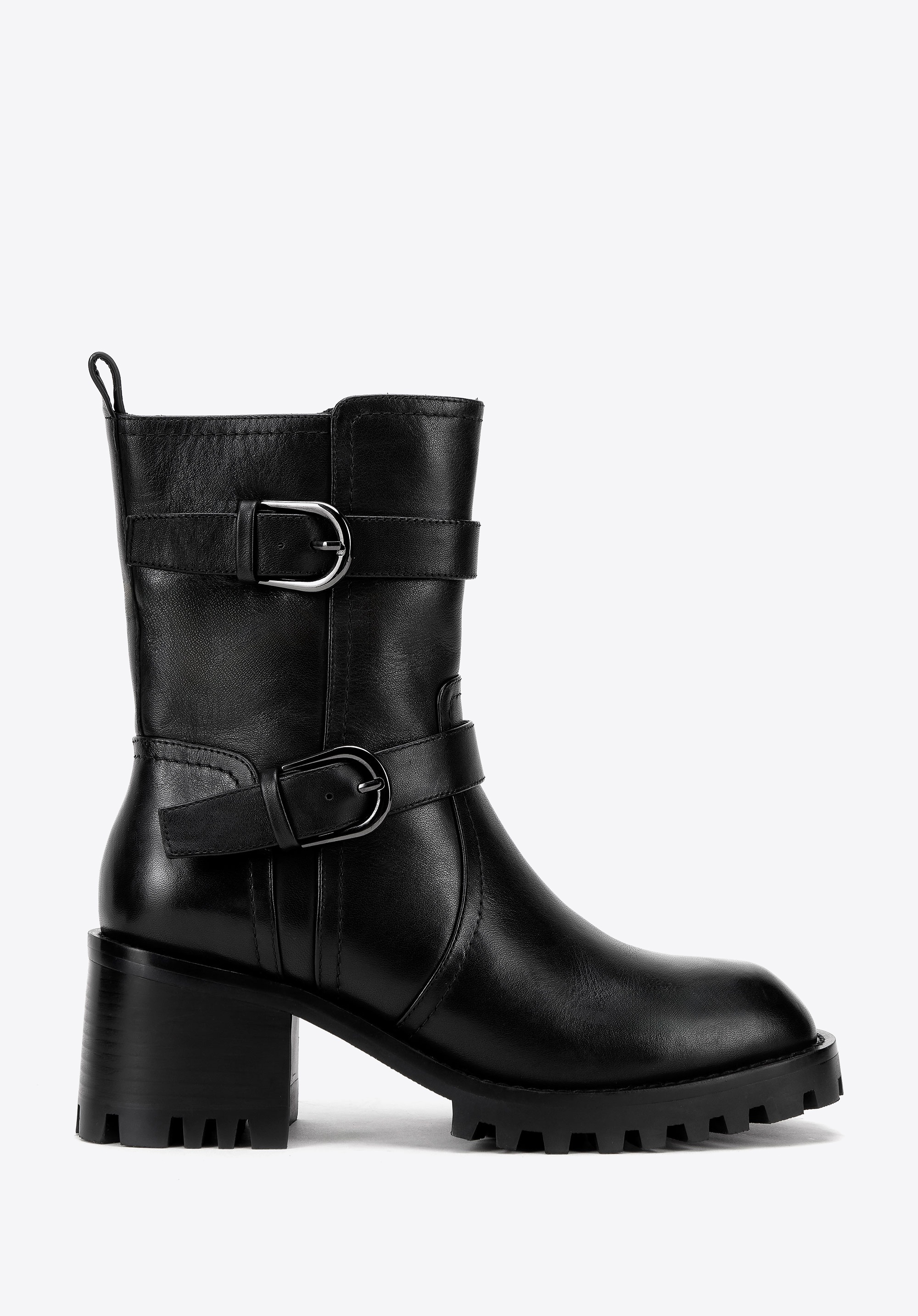 Damskie sztyblety ze skóry z klamrami czarne