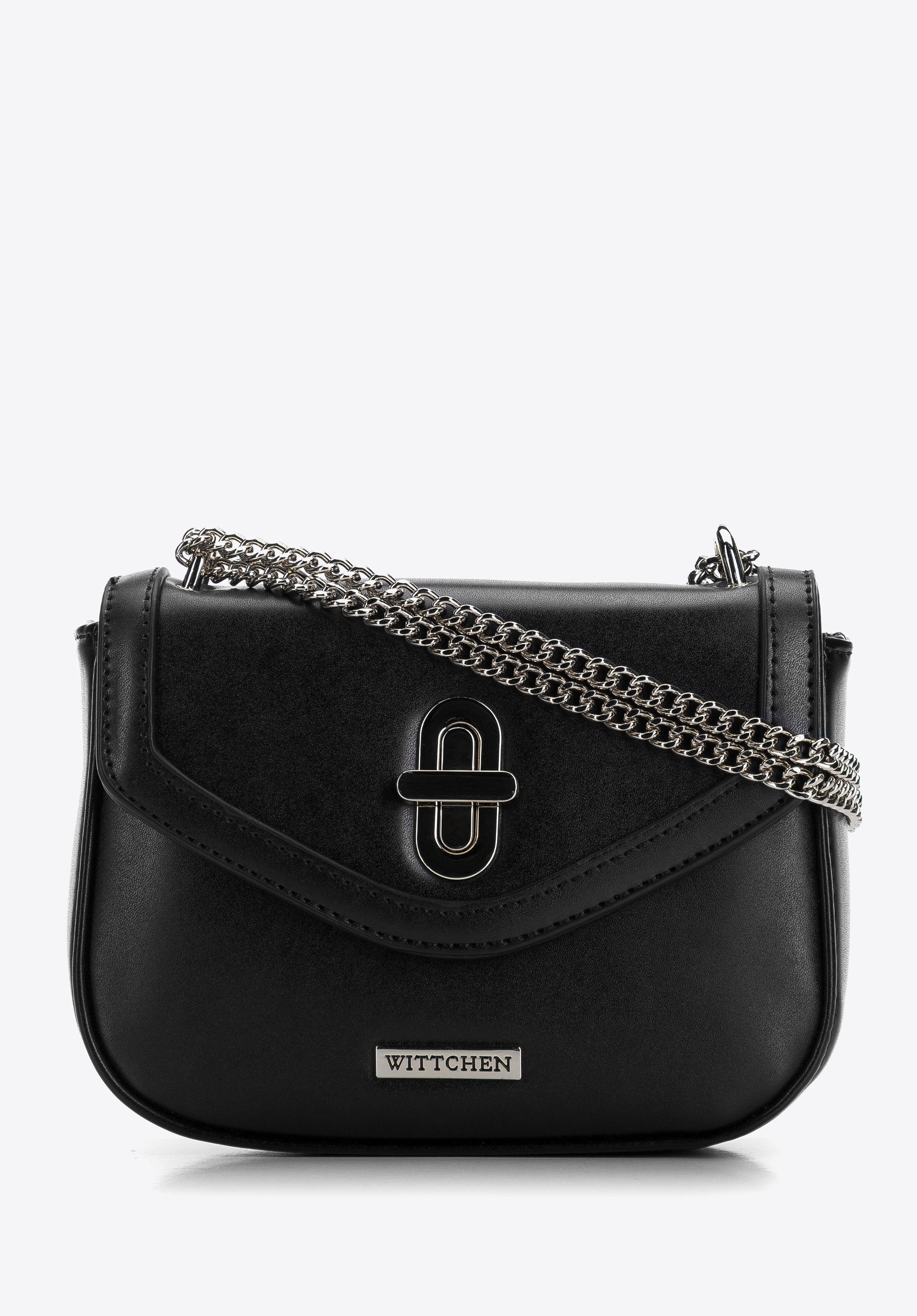 Damska listonoszka z obszytą klapą na łańcuszku mała czarno-srebrna