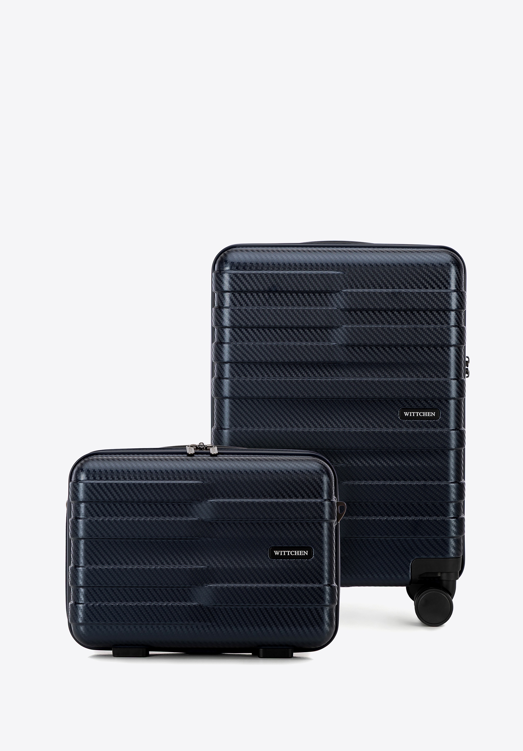 Walizka kabinowa i kosmetyczka z polikarbonu w poziome pasy granatowe